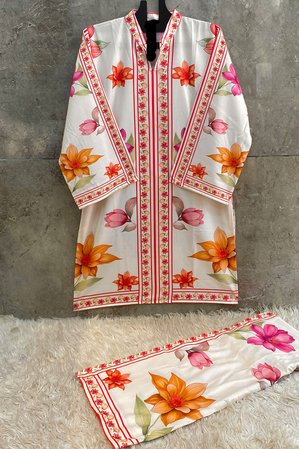 Cream & Orange Cotton Printed Pakistani Palazzo Co-Ord Set