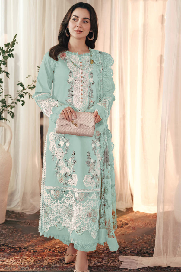 Designer Long Pakistani Salwar Suit In Sky Blue With Cotton Printed Embroidery Dupatta Work