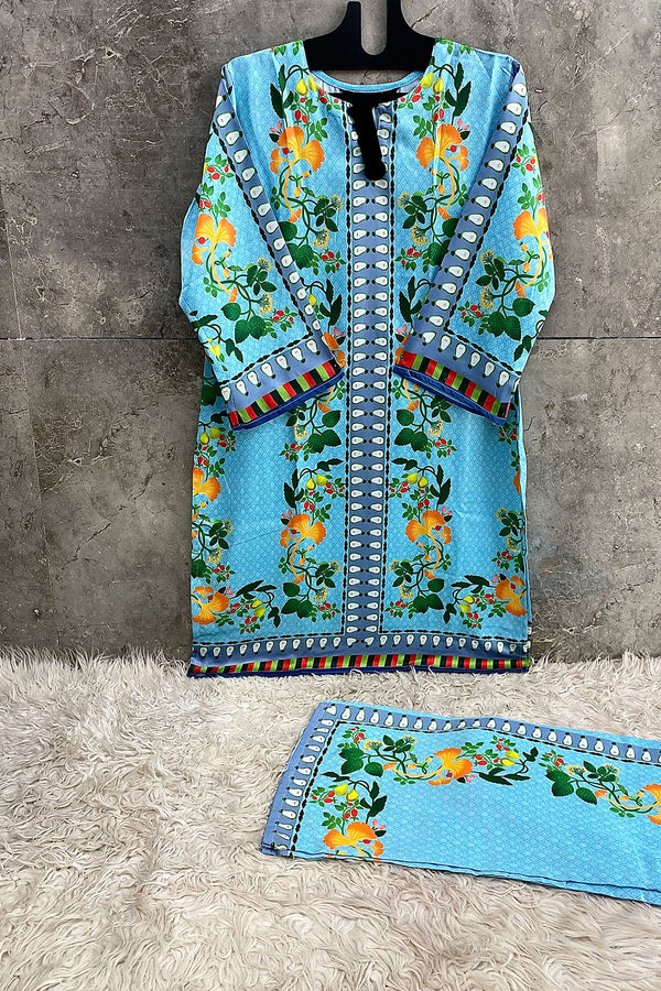 Readymade Blue Imported Satin Co-Ord Set With Front-Back Prints & Palazzo Pants