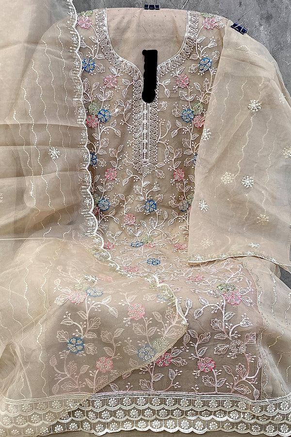 Heavy Organza Khatli Work Beige Pakistani Salwar Kameez With Pretty Organza Dupatta