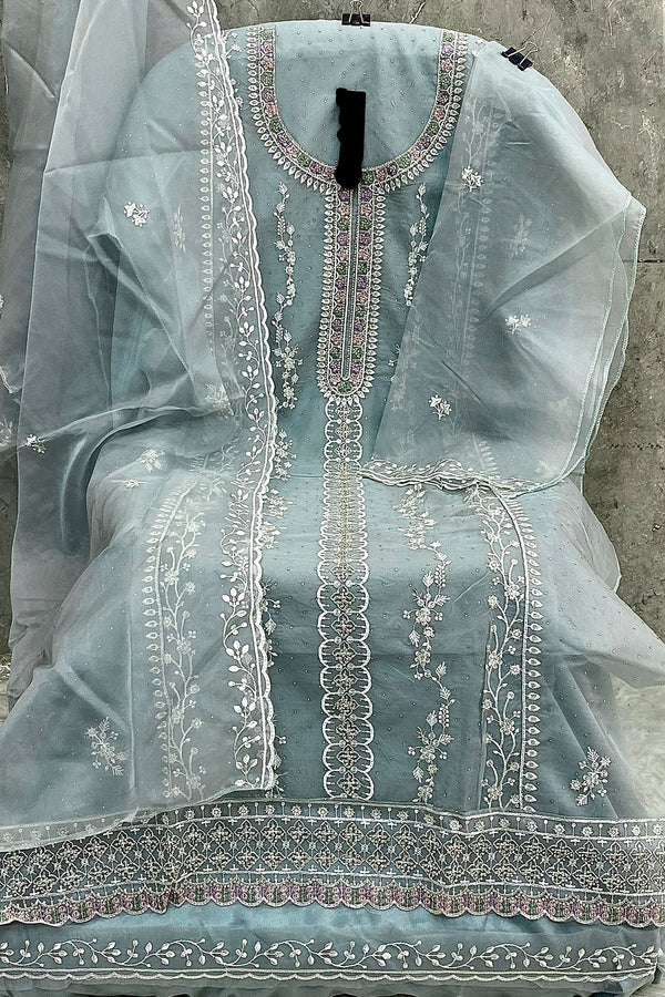 Partywear Sky Green Organza Pakistani Salwar Kameez With Delicate Khatli Embroidery Dupatta