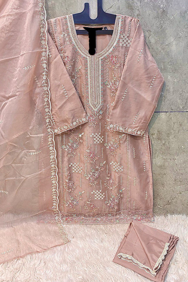Readymade Peach Organza Pakistani Salwar Kameez With Khatli Work & Beautiful Organza Dupatta