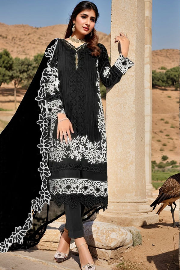 Ready To Wear Black Floral Embroidered Pakistani Salwar Kameez With Organza Dupatta