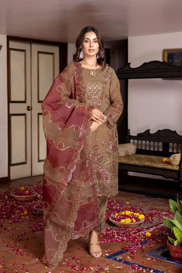 Readymade Outfit Pakistani Salwar Kameez Coffy Heavy Organza With Multicolor Dupatta Work