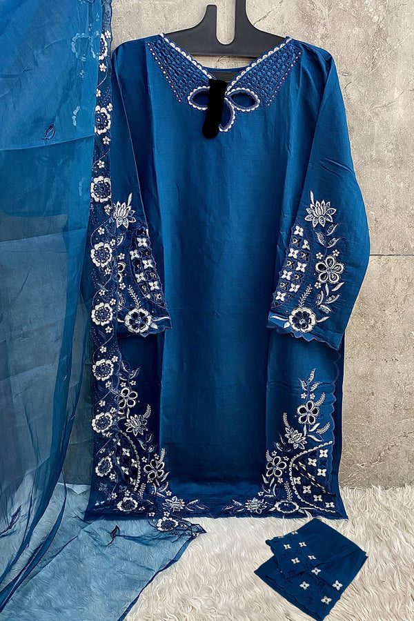 Full Stitched Blue Pakistani Tunic Style Crystal Viscose With Organza Dupatta Work