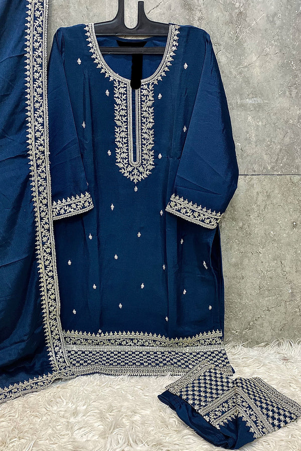 Ready To Wear Rama Chinon Pakistani Salwar Kameez Thread Work With Beautiful Dupatta Work