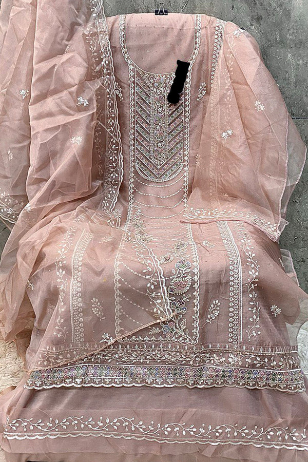 Peach Organza Khatli Work Pakistani Salwar Kameez With Organza Dupatta Work
