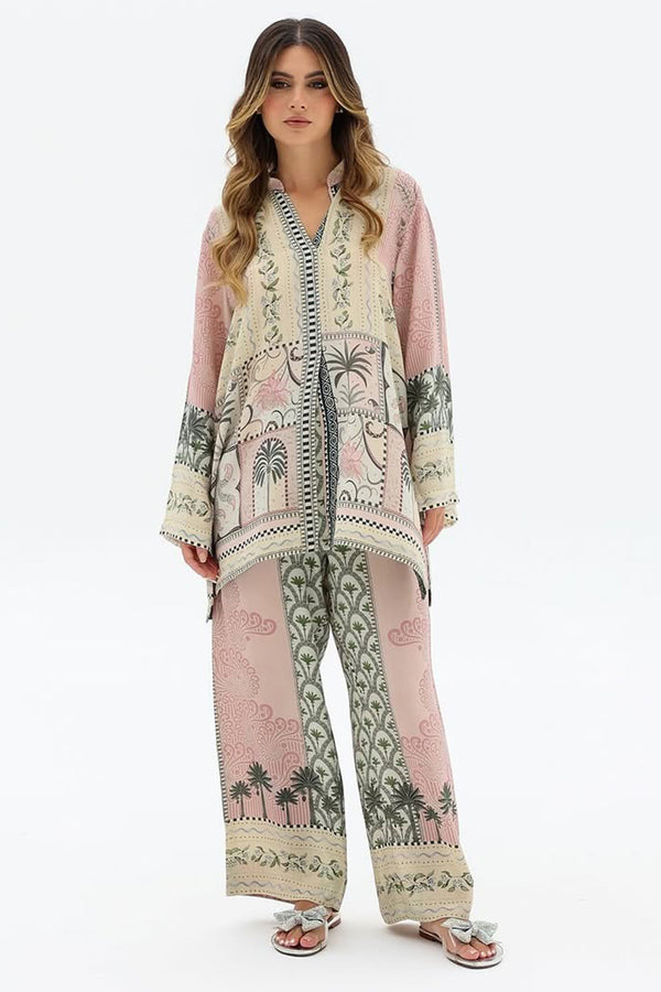 Light Pink and Green Palm Leaf Pattern Palazzo Co-Ord Set in Pakistani Premium Fabric