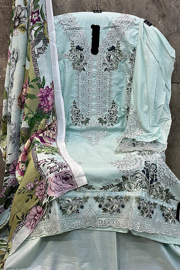 Party Wear Pakistani Sky Embroidery Salwar Kameez With Cotton Printed Dupatta