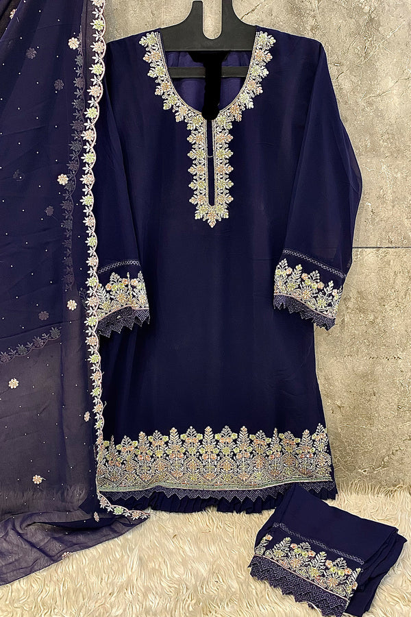 Full Stitched Heavy Georgette Embroidered Moti Work Navy Blue With Beautiful Dupatta Work