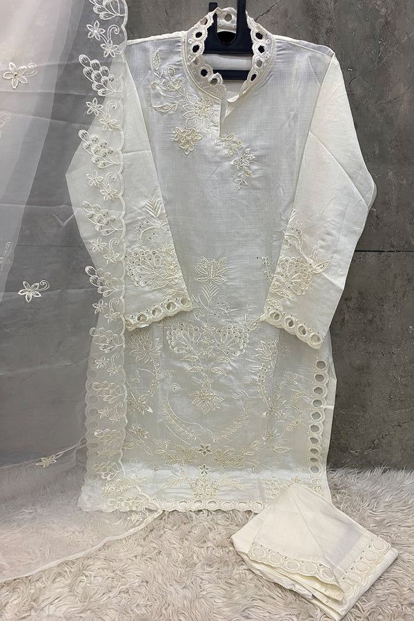 Ready To Wear Pakistani Salwar Kameez Crystal Viscose White With Organza Dupatta Work