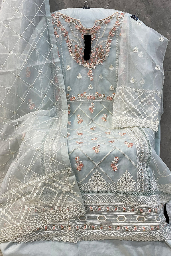 Hoortex Designer Wear Elegant Light Sky Blue Pakistani Salwar Kameez With Organza Embellishments