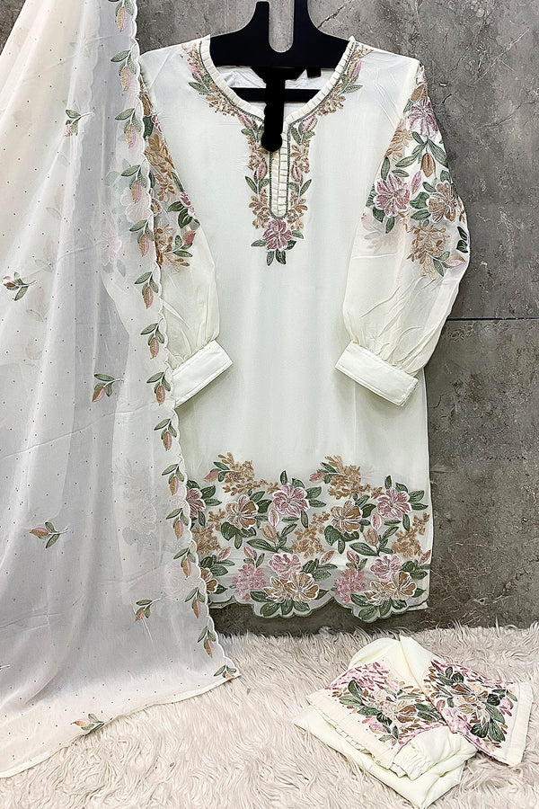 Pakistani Salwar Kameez Georgette White Ethnic Wear With Embroidery Dupatta-Full Stitched