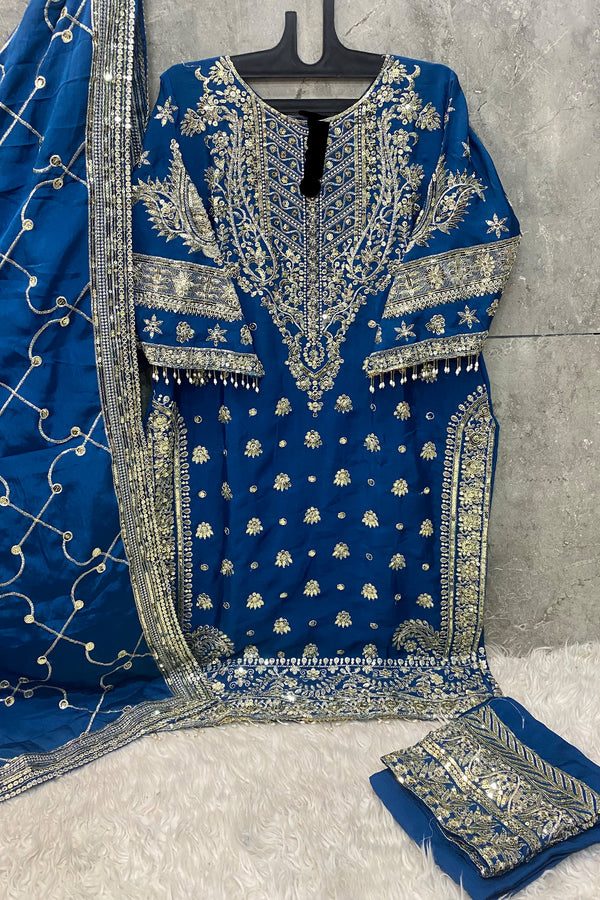 Fully Stitched Embroidered Blue Chinon Suit – Classic Pakistani Outfit With Dupatta