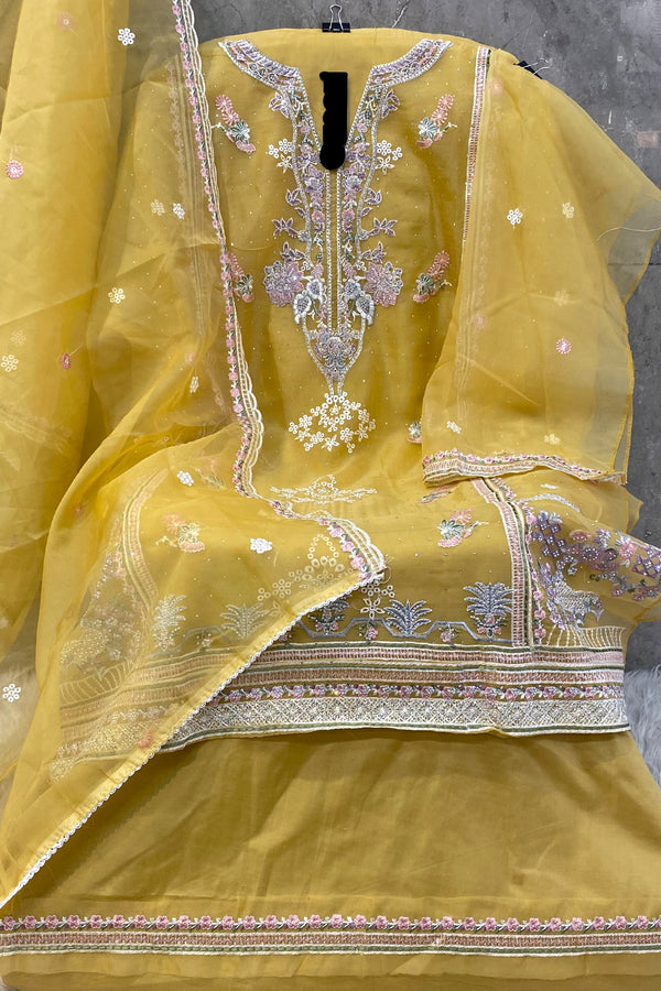 Mustard Organza Pakistani Salwar Kameez With Khatli Work & Beautiful Designed Dupatta Work