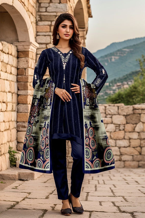 Full Stitched Imp.Korean Fabric Striped Pattern Pakistani Royal Blue Salwar Kameez With Cotton Printed Dupatta