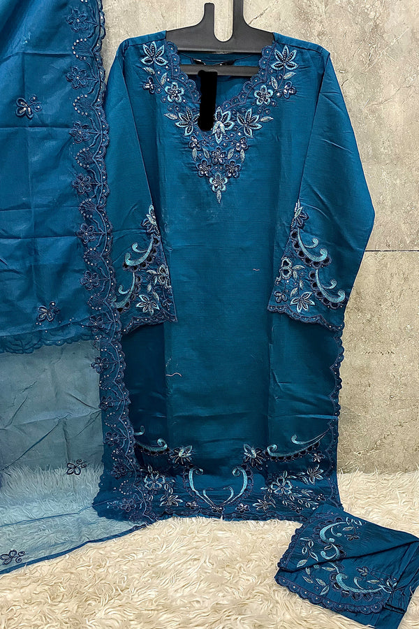 Ready to Wear Blue Salwar Kameez – Pakistani Style With Cut Work & Organza Dupatta