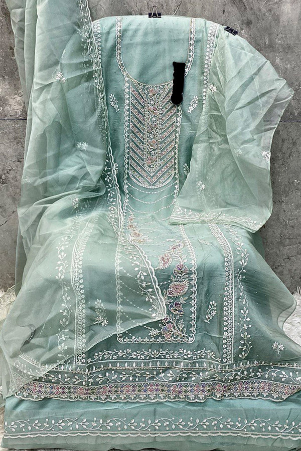 Pista Green Organza Khatli Work Pakistani Salwar Kameez With Organza Dupatta Work