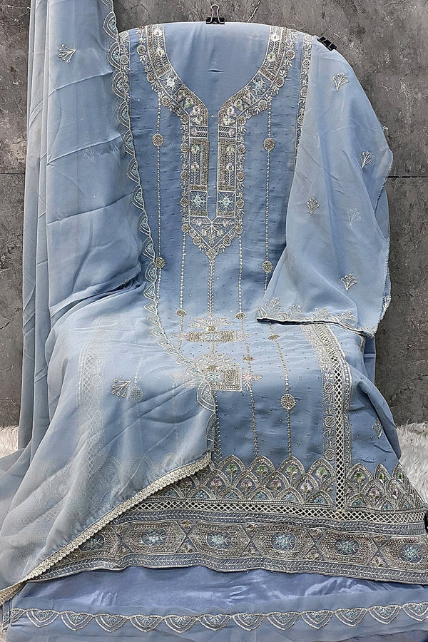 Sky Blue Faux Pakistani Georgette Salwar Kameez With Pretty Embroidered Dupatta Work