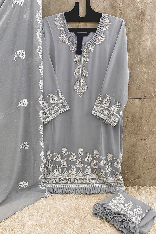 Fully Stitched Heavy Georgette Light Grey Pakistani Salwar Kameez With Georgette Dupatta
