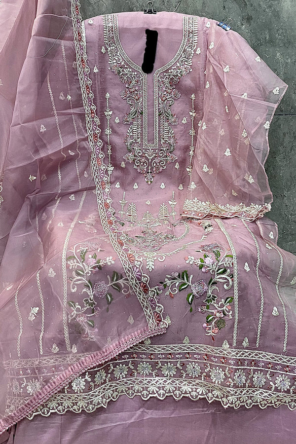 Pakistani Salwar Kameez Baby Pink Organza Khatli Work With Organza Dupatta Work