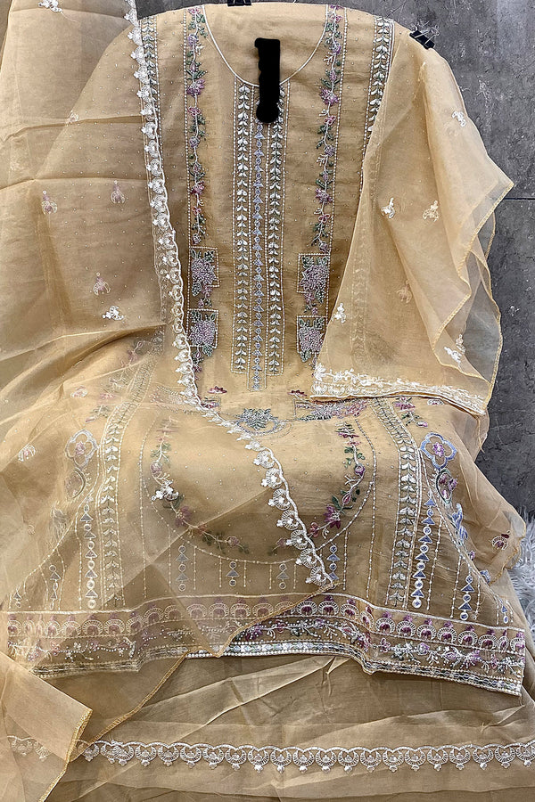 Organza Pakistani Handwork Salwar Kameez Light Mustard WIth Organza Dupatta Work