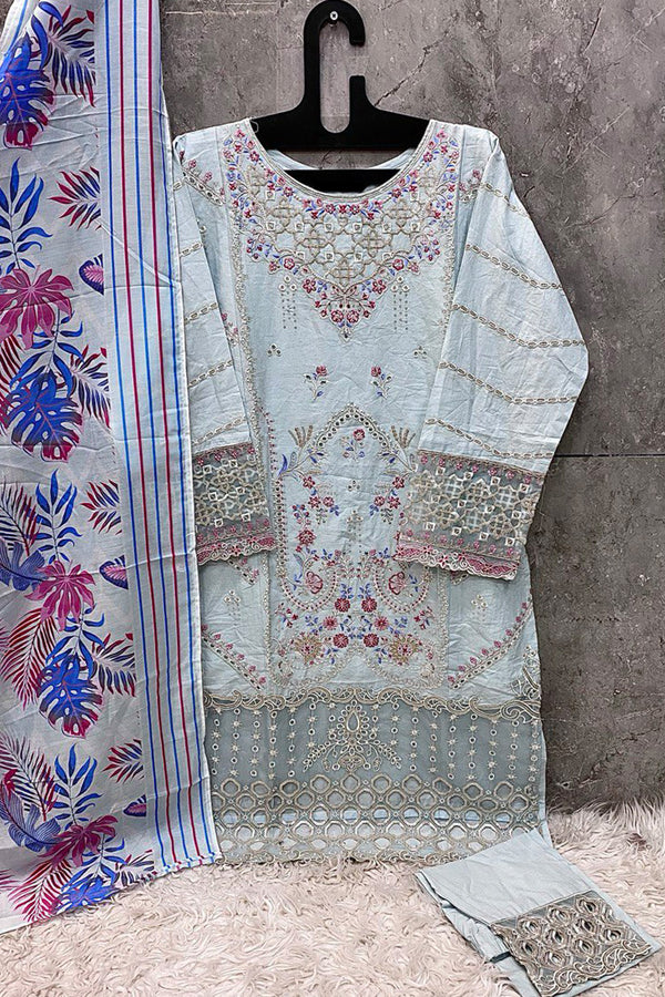 Readymade Heavy Cotton Pakistani Salwar Kameez White With Cotton Printed Dupatta