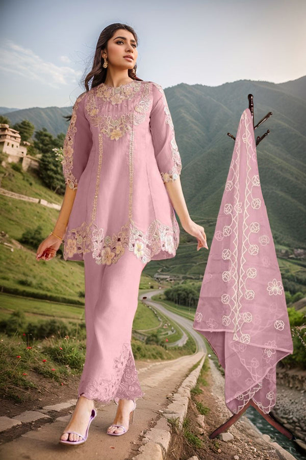 Readymade Short Baby Pink Pakistani Salwar Kameez Viscose With Organza Dupatta