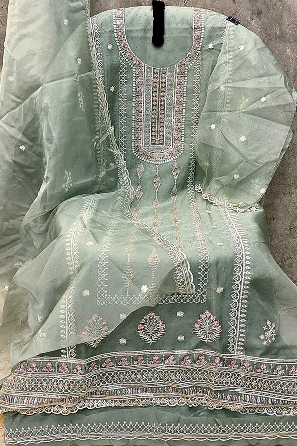 Pakistani Salwar Kameez Organza Khatli Work Light Pista With Organza Dupatta Work