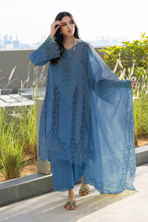 Rama Blue Embroidered Pakistani Salwar Kameez With Beautiful Imported Chex Dupatta