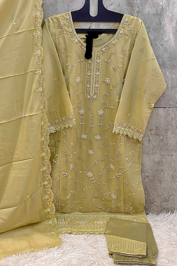 Ready To Wear Star Faux Georgette Mustard Coding Work Pakistani Salwar Kameez With Dupatta Work