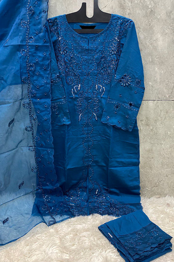 Ready To Wear Blue Pakistani Tunic Premium Viscose with Organza Embroidery Dupatta