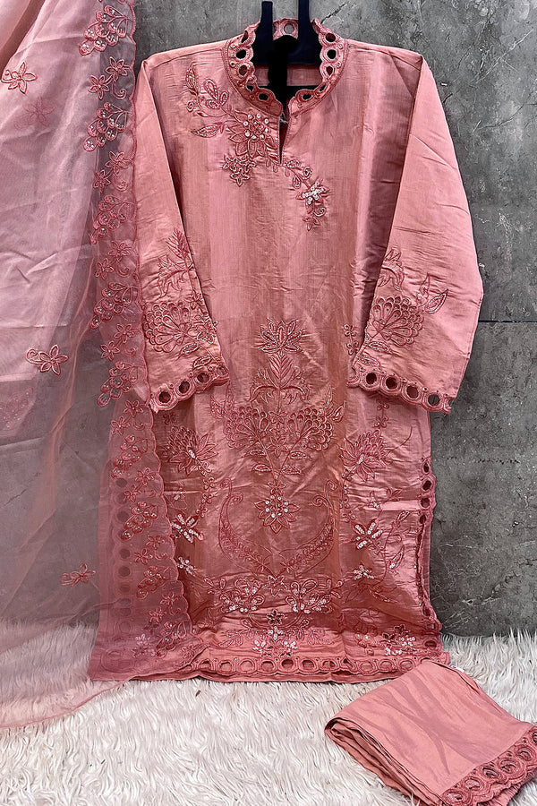 Ready To Wear Pakistani Salwar Kameez Crystal Viscose Orange With Organza Dupatta Work