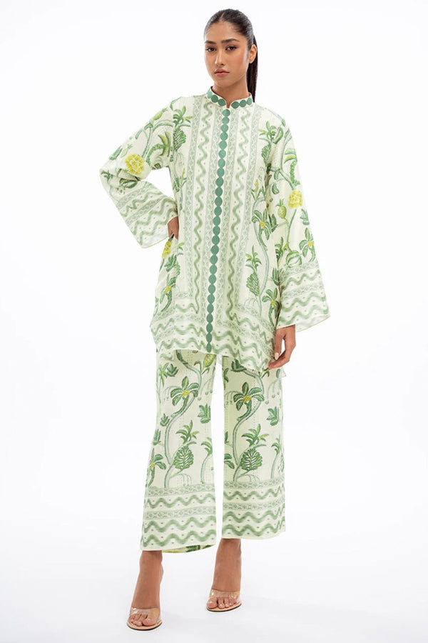 Elegant Green Front & Back Floral Multi Printed Imported Satin Pakistani Style Palazzo Co-Ord Set