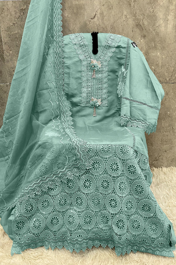 Imported Korean Fabric Sea Green Pakistani Salwar Kameez With Beautiful Heavy Net Dupatta