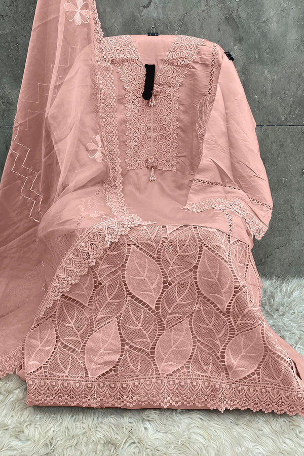 Imported Korean Fabric Light Peach Pakistani Salwar Kameez With Beautiful Heavy Net Dupatta