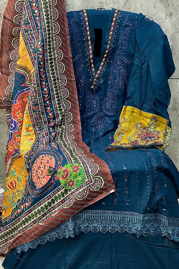 Navy Blue Embroidered Pakistani Rayon Suit With Luxury Multicolor Printed Dupatta