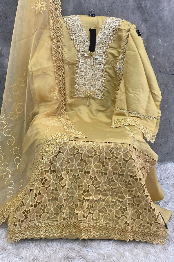 Pakistani Salwar Kameez Imported Korean Royal Mustard With Beautiful Heavy Organza Dupatta