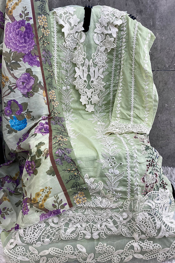 Pakistani Salwar Kameez Heavy Cotton Pista WIth Cotton Printed Dupatta