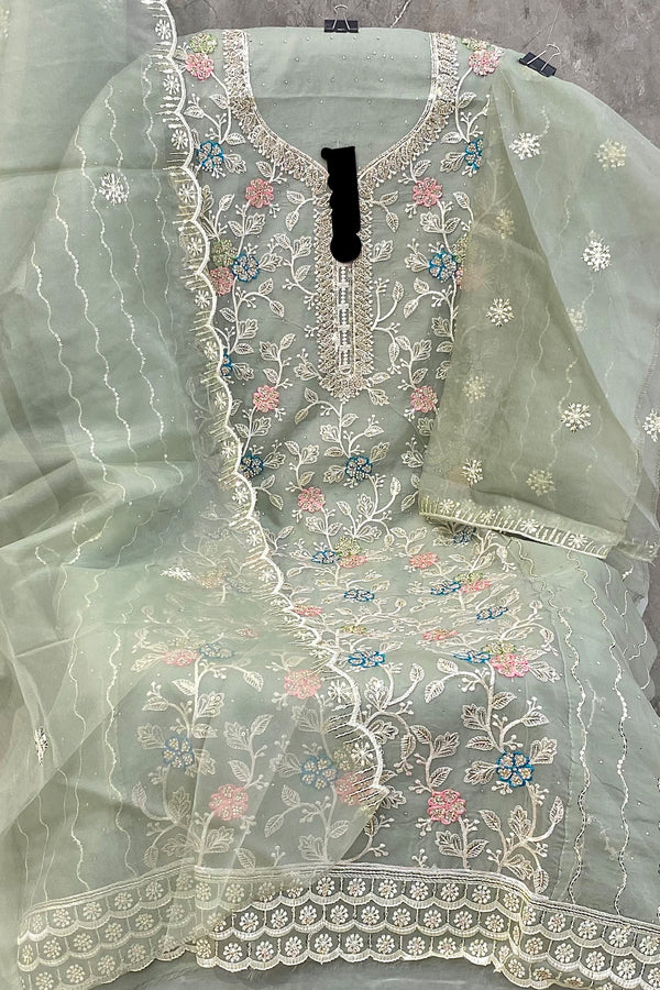 Heavy Organza Khatli Work Light Pista Pakistani Salwar Kameez With Pretty Organza Dupatta