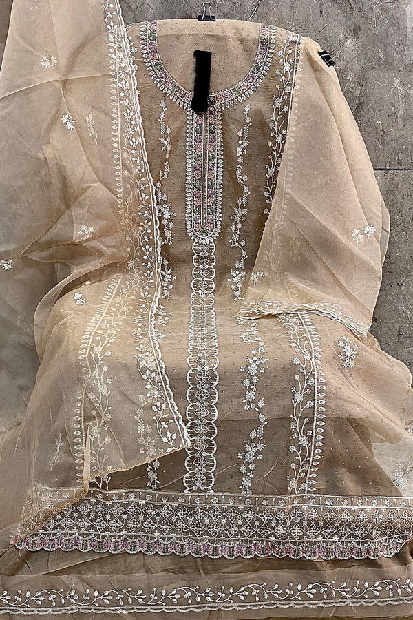 Partywear Beige Organza Pakistani Salwar Kameez With Delicate Khatli Embroidery Dupatta