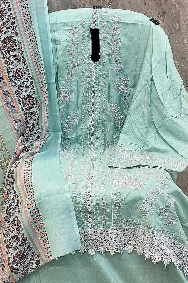 Heavy Rayon Embroidered Sea Green Pakistani Salwar Kameez With Cotton Printed Dupatta