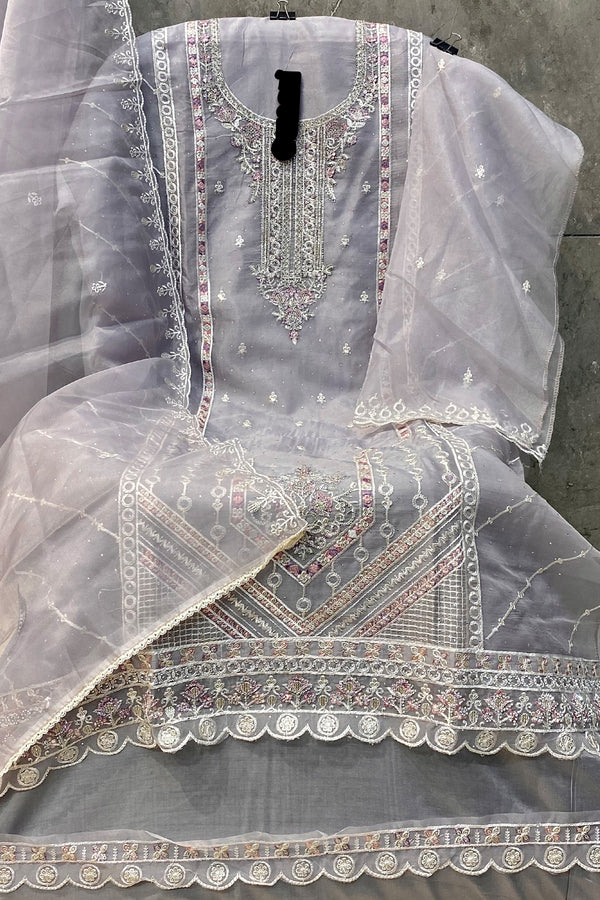 Organza Pakistani Salwar Kameez Grey With Khatli Work & Beautiful Dupatta Work