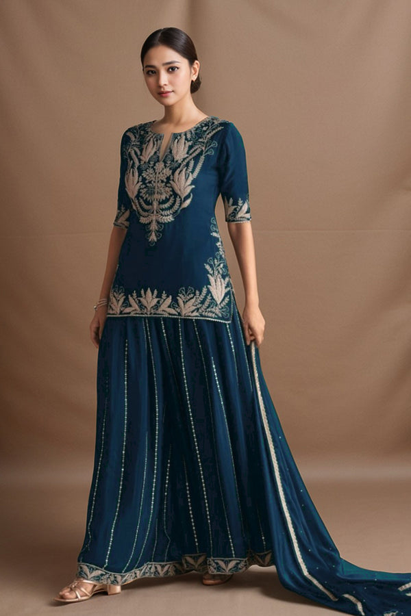 Pakistani Luxury Sharara Palazzo Set – Blue Front & Back Design Work With Chinon Dupatta