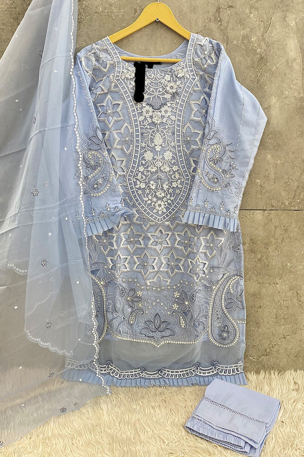 Sky Blue Ready-Made Organza Suit – Pakistani Fashion Frill With Elegant & Trendy Dupatta Work