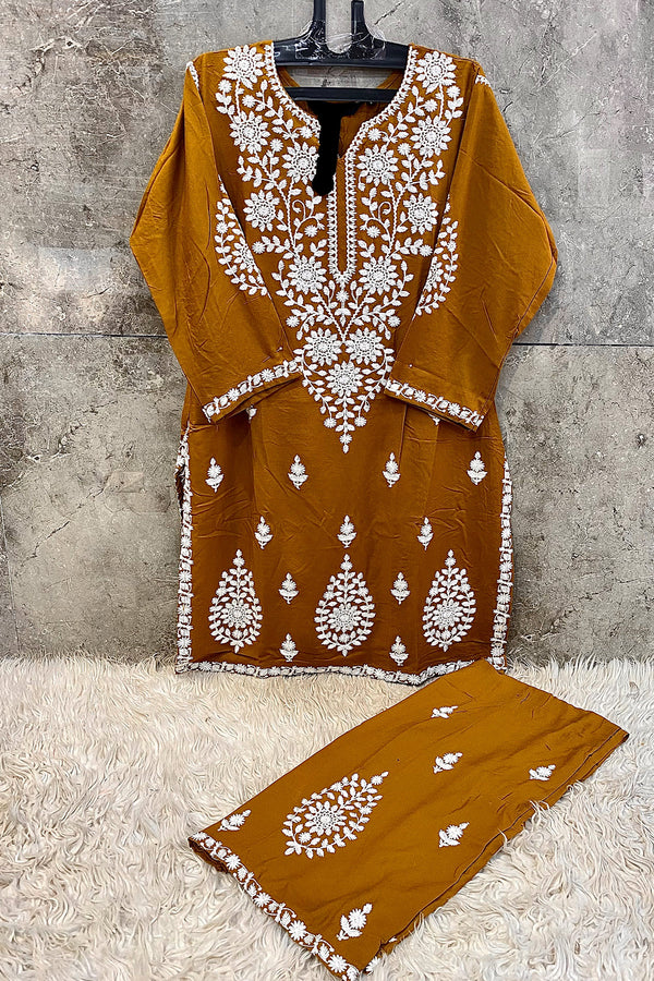 Elegant Golden Lucknowi Chikankari Co-Ord Set – Ready-To-Wear Pakistani Outfit