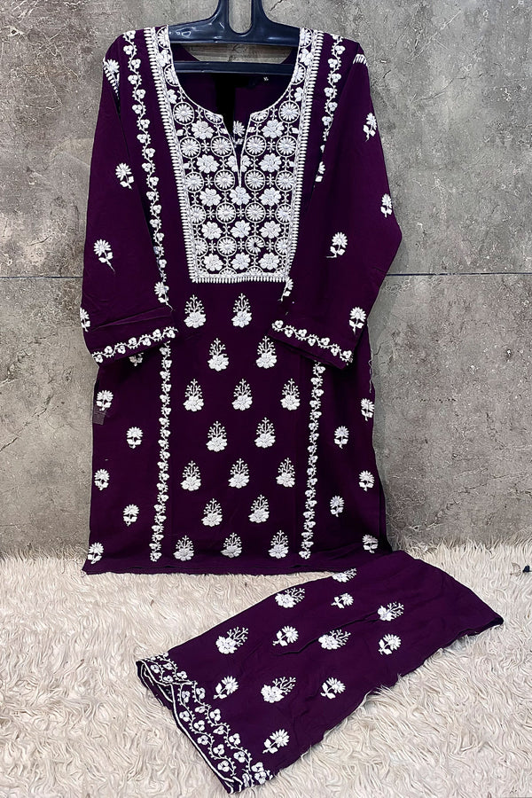Ready To Wear Pakistani Co-Ord Set Wine Heavy Rayon With Embroidery Work