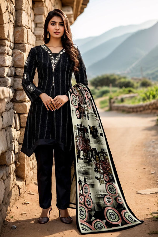 Full Stitched Imp.Korean Fabric Striped Pattern Pakistani Black Salwar Kameez With Cotton Printed Dupatta