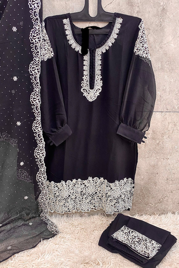Pakistani Readymade Georgette Black Tunic Style Salwar Kameez With Georgette Dupatta Work