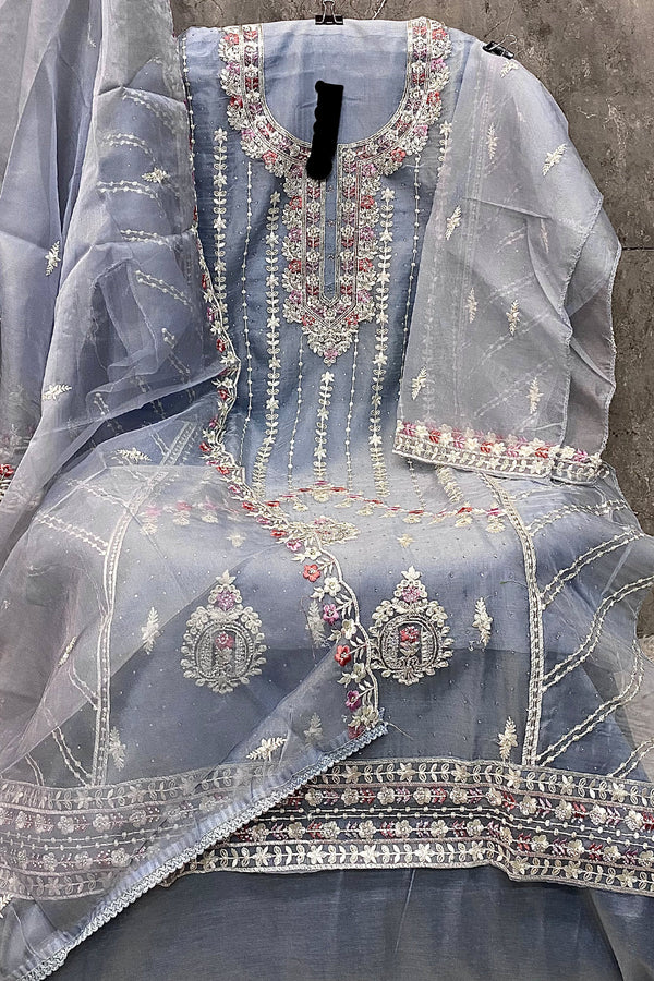 Pretty Grey Pakistani Organza Khatli Work Salwar Kameez With Organza Dupatta Embroidery
